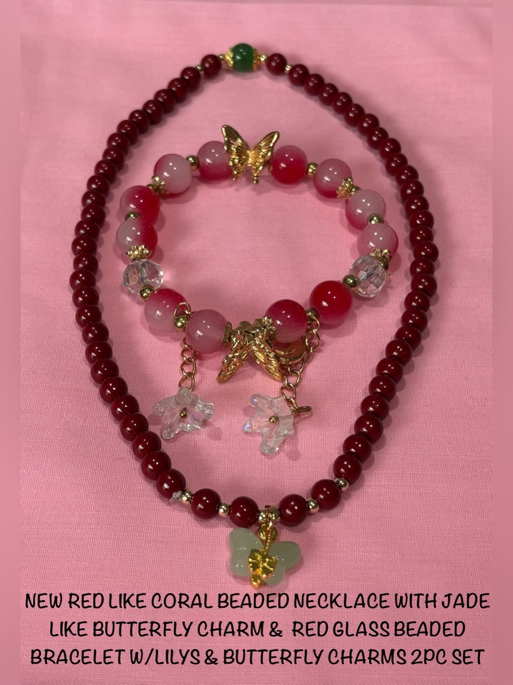 Coral Like Beaded Necklace & Jade like Butterfly W/Gold Butterfly & Tulip Charm